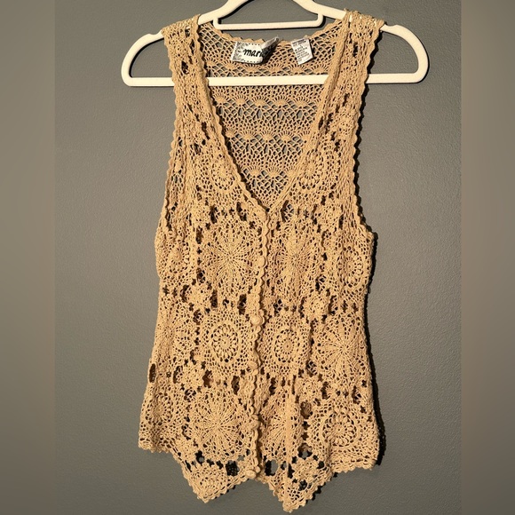 Tops - Marie y. Crochet vest Y2K beige size large top shirt with buttons